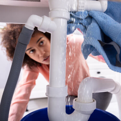 sink-leak Women looking under sink at leaking pipes emergency plumbing